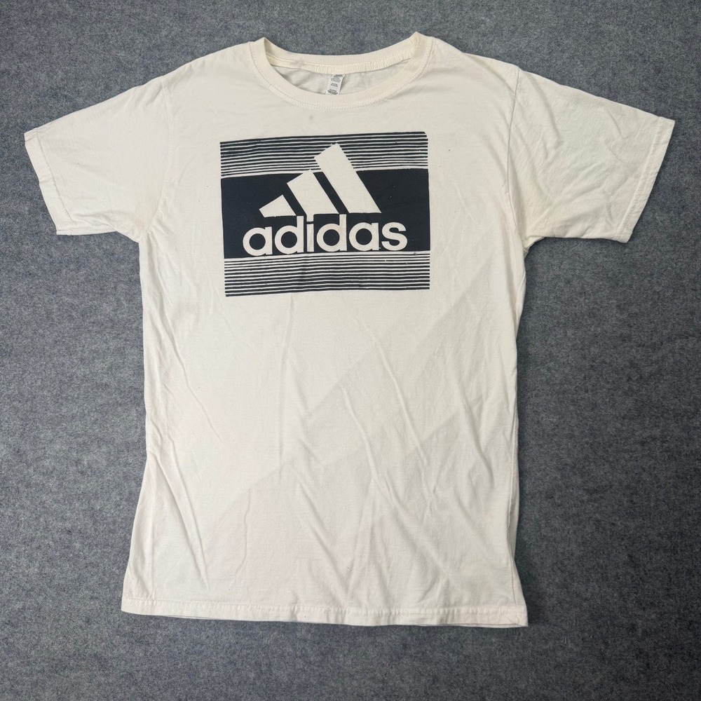 Adidas T-Shirt Cream Black M Cotton Blend Logo Graphic Tee Unisex